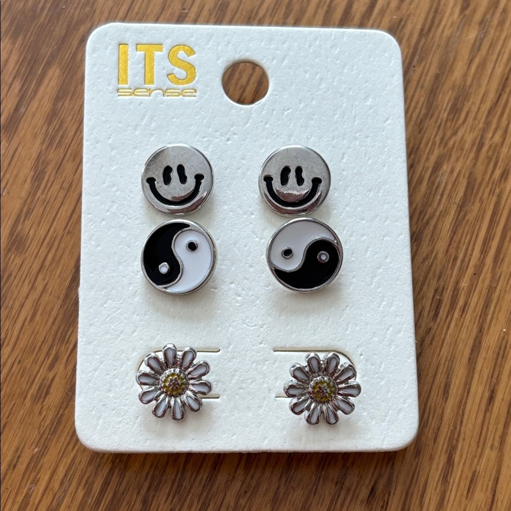 ITS Sense Smiley, Daisy, and Yin Yang Stud Earrings Set Mix & Match-Silver Tones